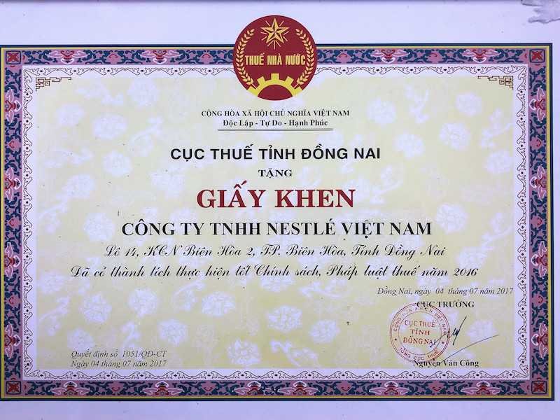 Nestlé Việt Nam lần thứ 5 liên tiếp nhận bằng khen của Cục Thuế Đồng Nai 17 DN 2017