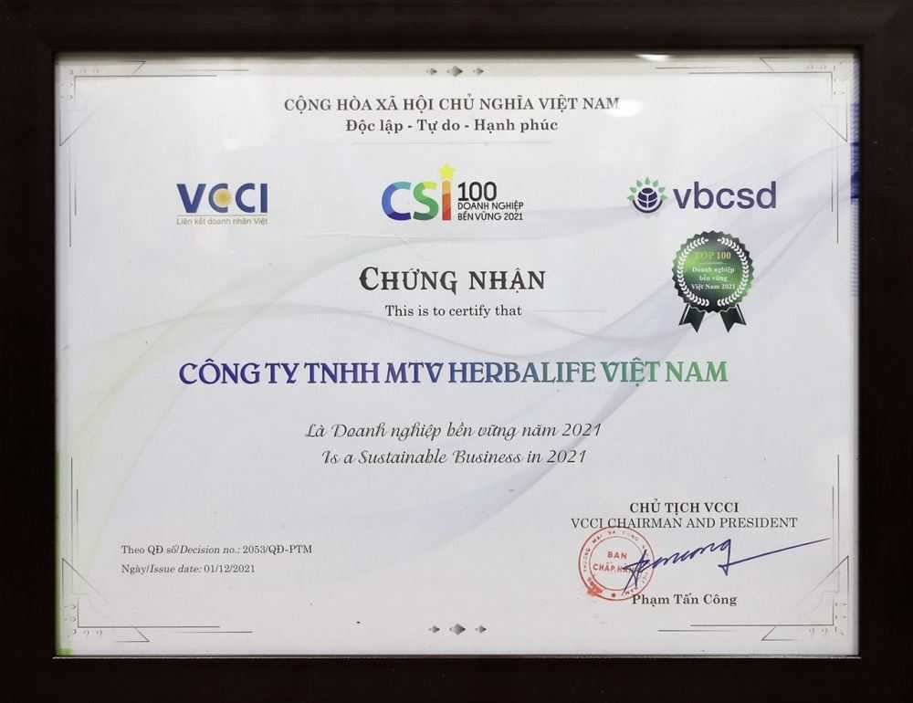 Herbalife Việt Nam tiếp tục được vinh danh top 100 Doanh nghiệp Bền vững Việt Nam 2021 5 Chứng nhận VCCI HBL